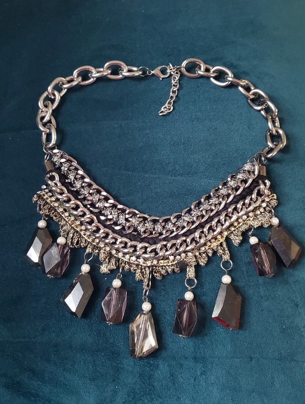 Vintage Statement Multi-Chain Necklace with Smoky Crystal Drops